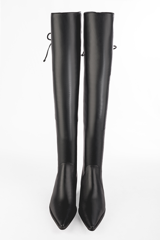 Satin black women's leather thigh-high boots. Pointed toe. Flat leather soles. Made to measure. Top view - Florence KOOIJMAN